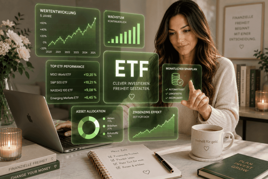 Frau analysiert ETF-Sparplan und digitale Finanzdaten mit Diagrammen zu ETF-Performance, Vermögensaufbau, Asset-Allokation und Zinseszins-Effekt.
