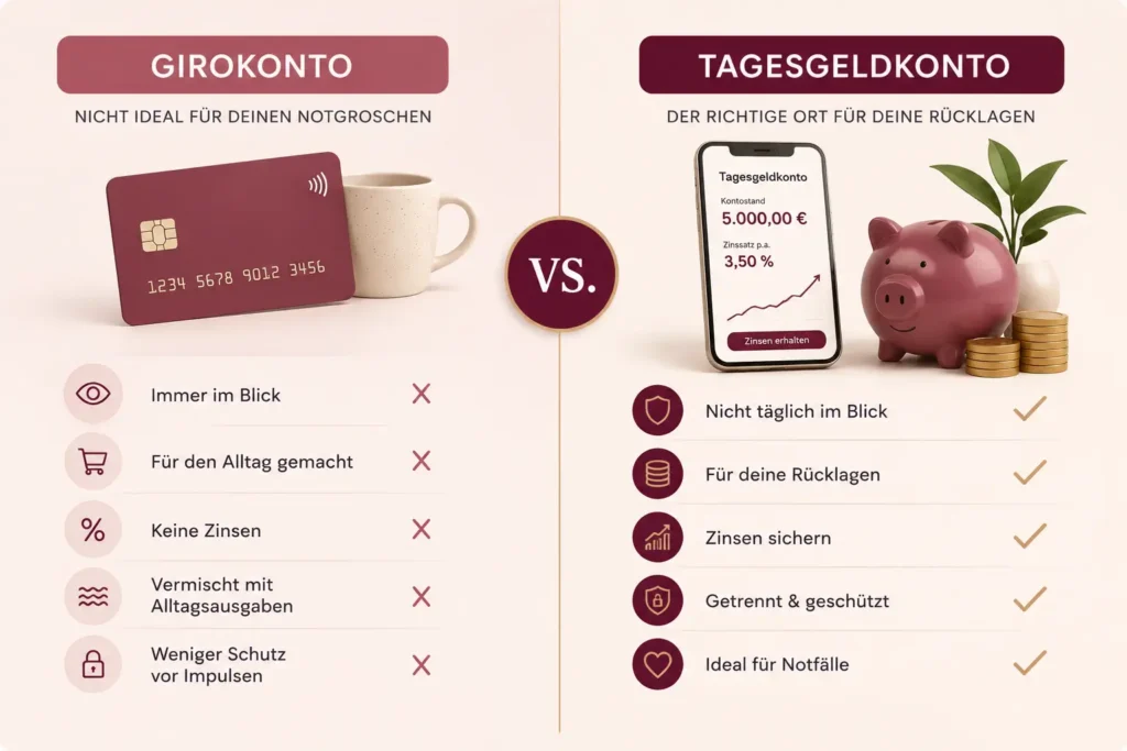 Notgroschen auf Tagesgeldkonto – Unterschied zu Girokonto erklärt