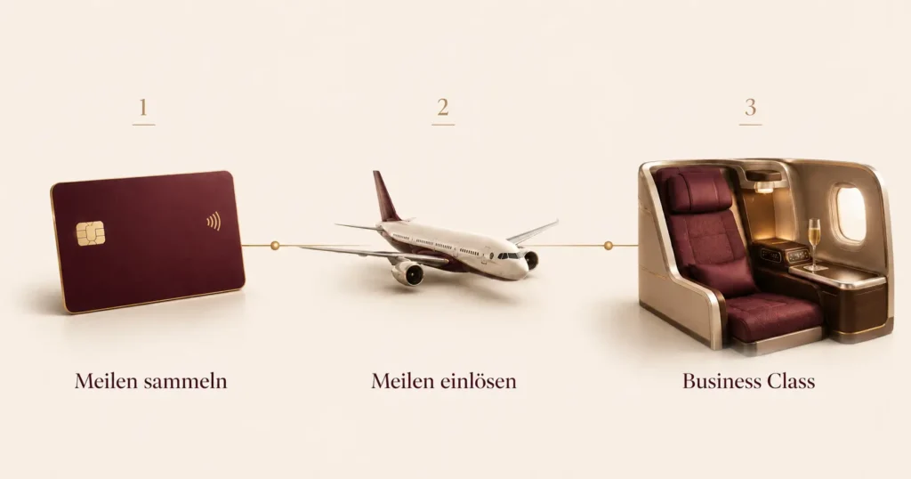 Travel Hacking Erklärung – Schritt 1 Meilen sammeln, Schritt 2 Meilen einlösen, Schritt 3 Business Class fliegen
