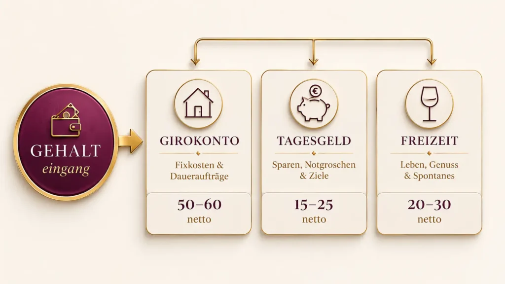Kontensystem Gehalt aufteilen – Geldfluss in 3 Konten Infografik