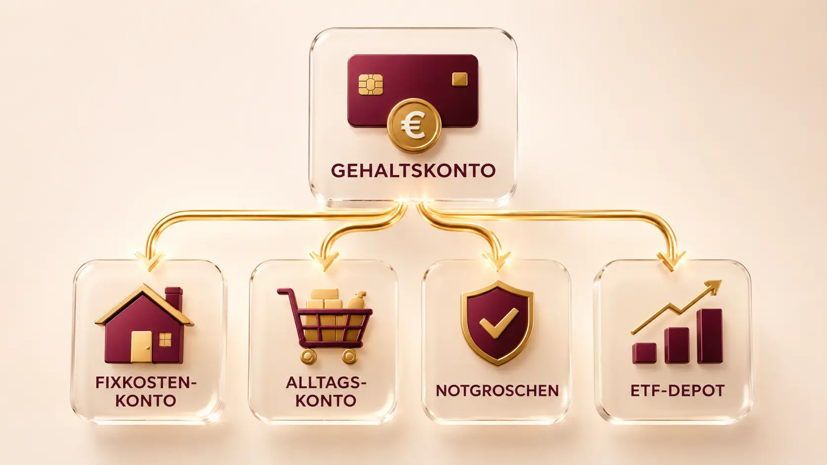 5-Konten-System Familienfinanzen – Flowchart zeigt wie das Gehalt auf Fixkostenkonto, Alltagskonto, Notgroschen und ETF-Depot aufgeteilt wird