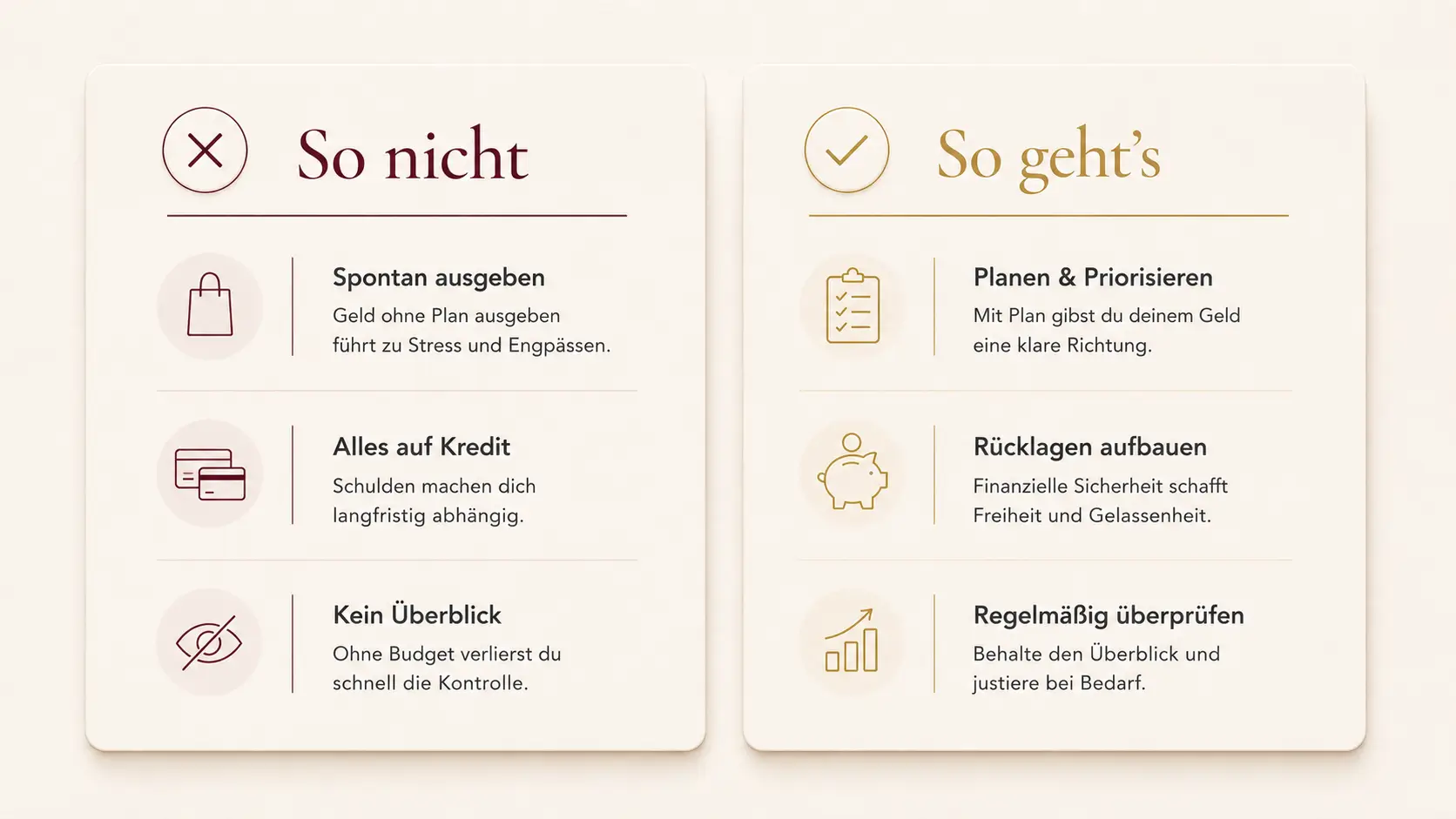 Familienfinanzen Fehler vermeiden – So nicht: spontan ausgeben, alles auf Kredit, kein Überblick. So geht's: planen, Rücklagen aufbauen, regelmäßig überprüfen