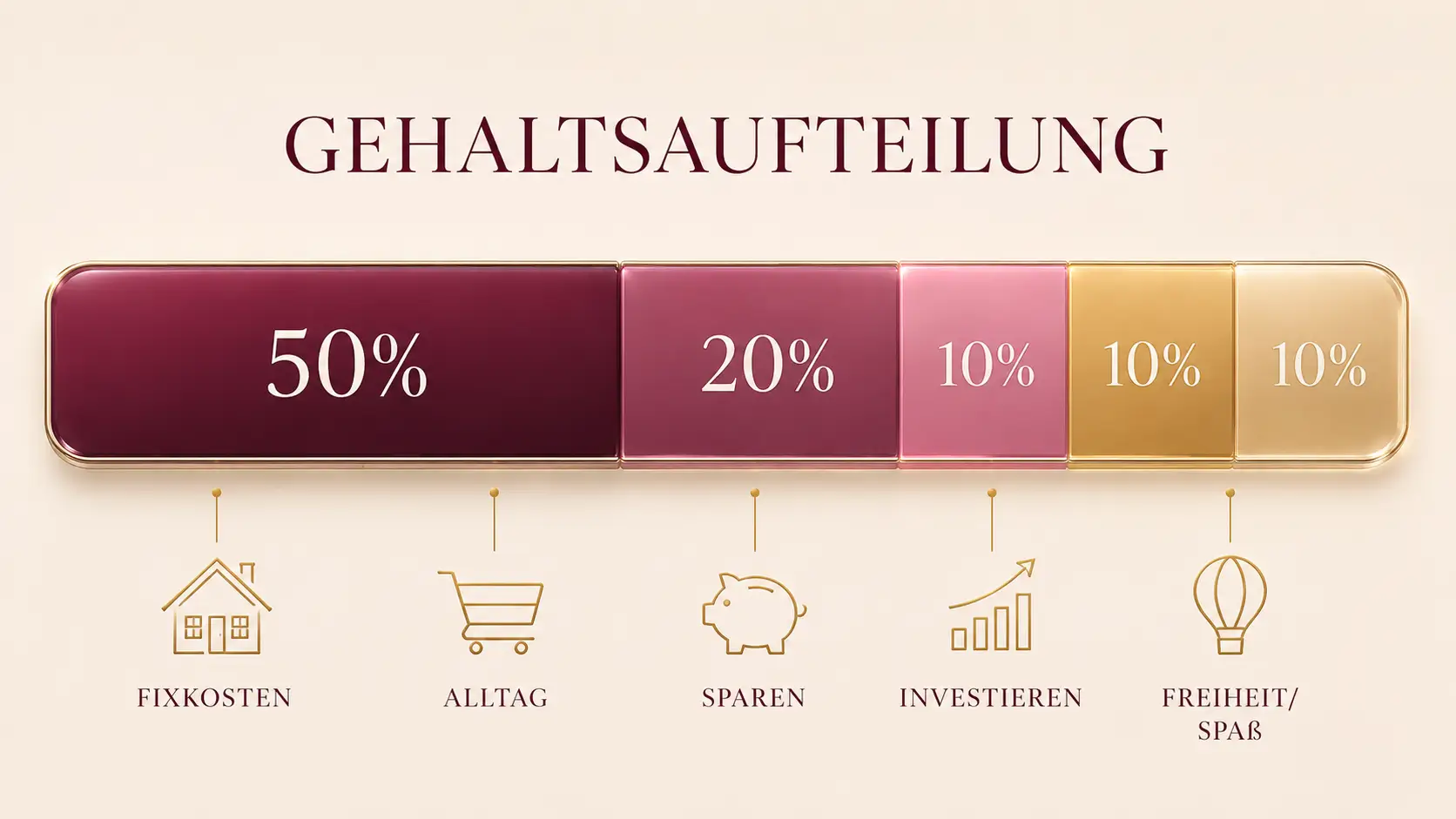 Gehaltsaufteilung Familienfinanzen in Prozent – 50% Fixkosten, 20% Alltag, 10% Sparen, 10% Investieren, 10% Freiheit