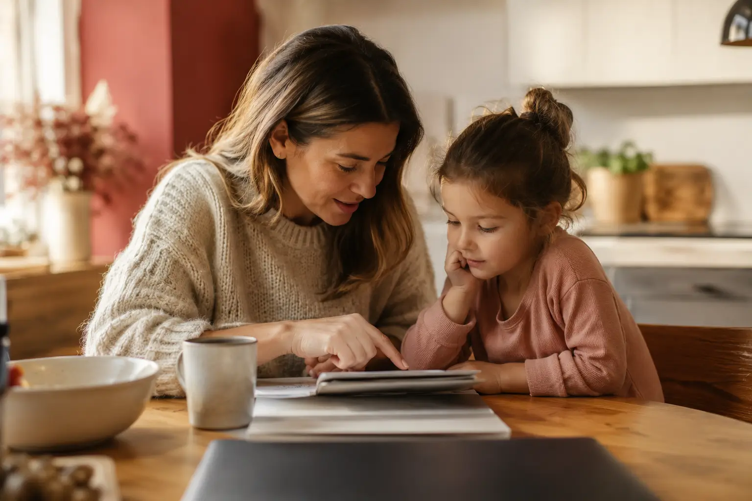 Haushaltsbuch führen mit Kindern – Mutter und Kind planen gemeinsam die Familienfinanzen