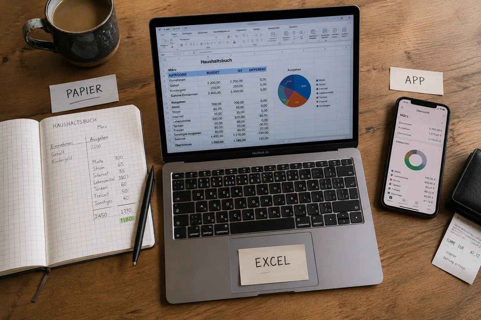 Haushaltsbuch führen – Methoden im Vergleich: Papier, Excel und App nebeneinander