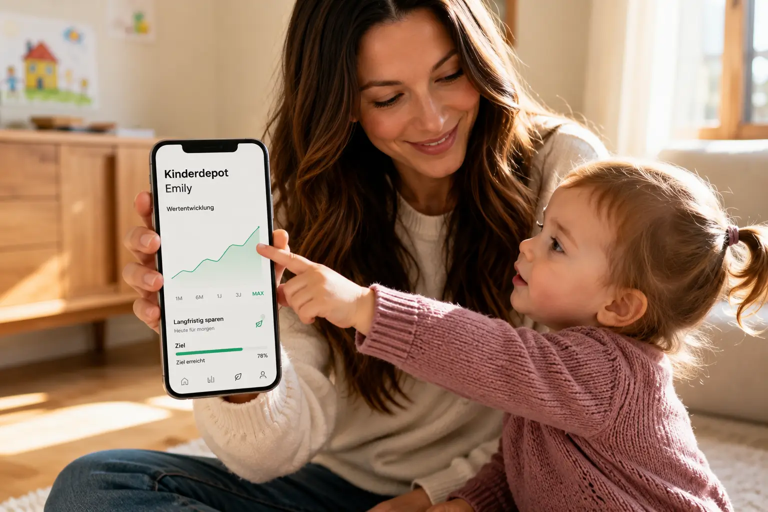 Kinderdepot eröffnen – Mutter zeigt ihrer Tochter die Wertentwicklung im Kinderdepot auf dem Smartphone