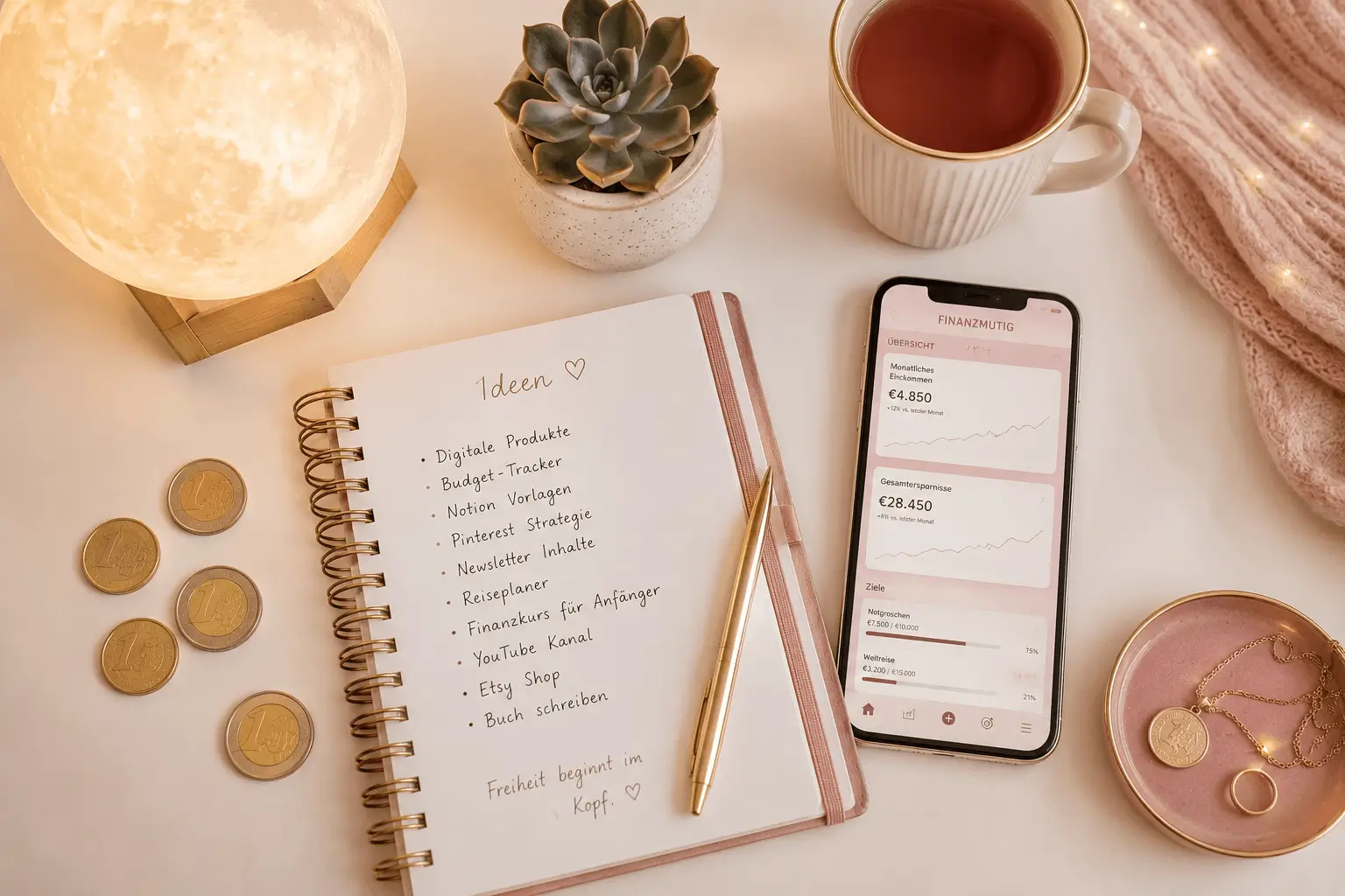 Side Hustle Ideen Frauen planen mit Notizbuch und Smartphone