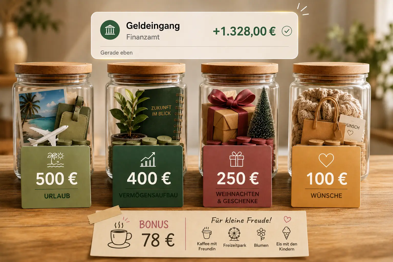 Symbolbild für die bewusste Aufteilung einer Steuererstattung auf mehrere Sparziele