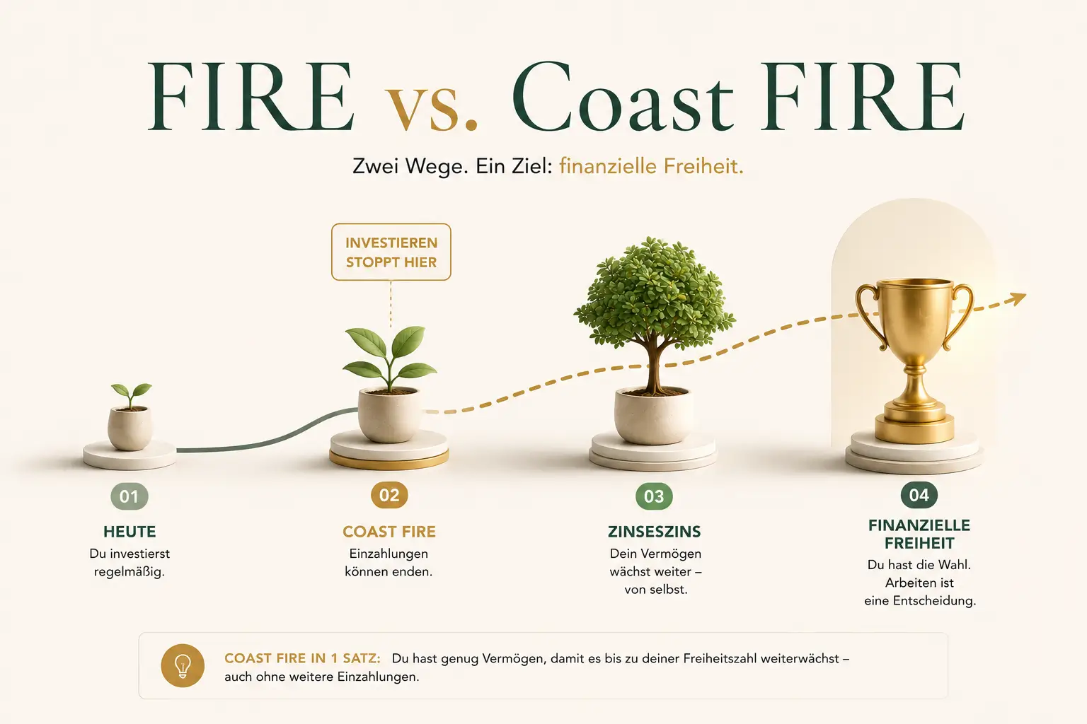 Vergleich FIRE und Coast FIRE, wie sich Vermögen bis zum Rentenalter entwickelt